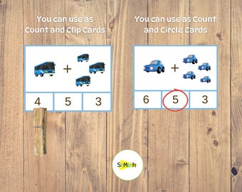 Transportation Printable Addition Clip Cards: Math Activity, Preschool worksheets (Digital Download)