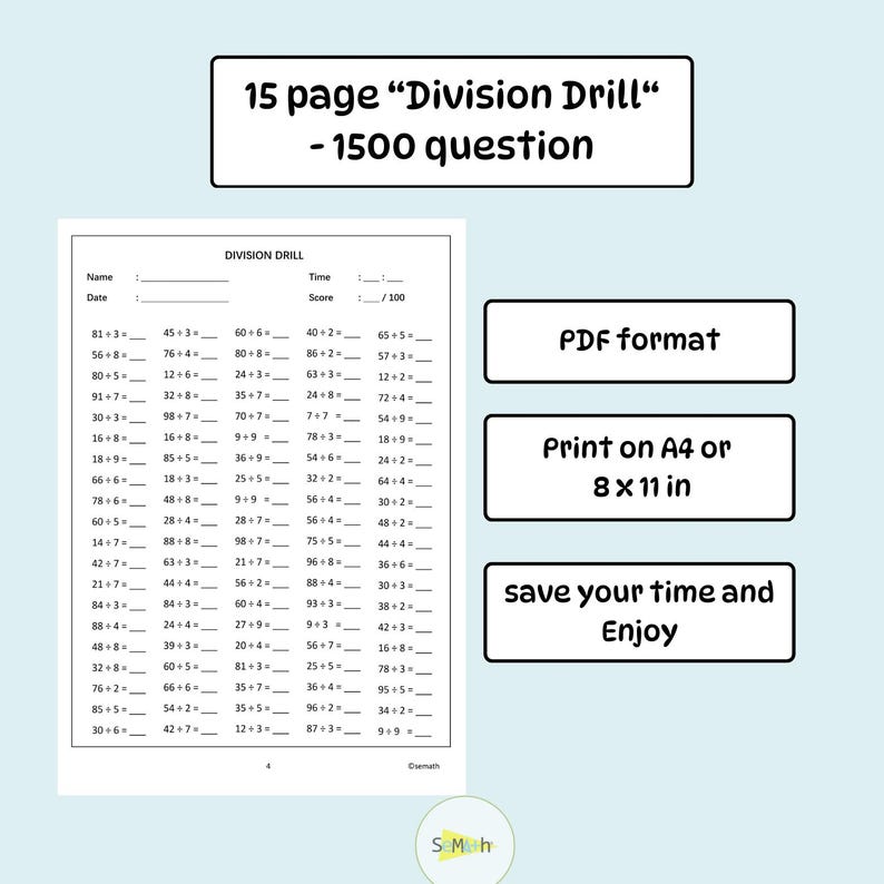 Math Worksheets,
Times Tables,
Math Drills,
Grade 3 Maths,
Grade 2 Maths,
Division,
Printable Worksheets,
Multiplication,
Division Math Facts,
Division for Kids,
Printable Division,
Math for 3rd Graders,
Math Drill Worksheet, 15 Printable Division Worksheets - Division Drills with Answer Page, Printable Math Worksheets, Third Grade Maths, Grade 3 Maths, division drill worksheets, homeschool math practice, division facts, printable learning resources, division practice sheets