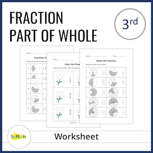 Hojas de trabajo sobre fracciones como parte de un todo / Hoja de trabajo de matemáticas de tercer grado / Repaso visual de fracciones y práctica de colores