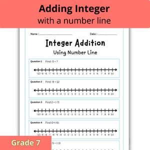 以下が含まれることがあります： 「数直線を使った整数の加算」というタイトルのワークシートで、7年生向けの数学の問題です。ワークシートには、数直線と、-5+7、-9+12、2+(-7)、0+(-6)などの加算問題が含まれています。タイトルは「Adding Integer with a number line」です。