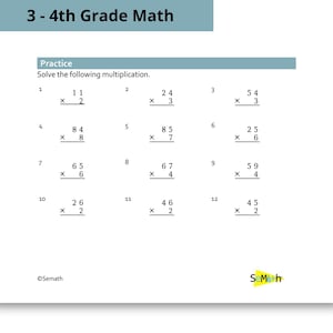 Puede incluir: Una hoja de trabajo blanca con problemas de multiplicación para matemáticas de 3er y 4to grado. La hoja de trabajo incluye el texto "3 - 4th Grade Math" y "Practice: Solve the following multiplication."