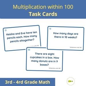 Op de afbeelding: Drie witte taakkaarten met blauwe randen, met vermenigvuldigingsproblemen voor wiskunde van groep 3 en 4. De kaarten bevatten woordproblemen. De titel "Multiplication within 100 Task Cards" staat bovenaan.
