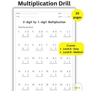 20 Printable Double by Single Digit Multiplication Worksheets, Math Drills, Answers Included