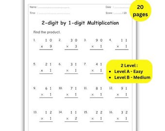 Hojas de ejercicios de multiplicación imprimibles, completa los espacios en blanco - Multiplicación de números de 2 dígitos por números de 1 dígito, ejercicios de matemáticas, respuestas incluidas, descarga instantánea.