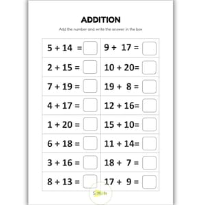 Fiches d&#39;exercices de mathématiques à remplir (numéros 1-20) imprimables pour la maternelle, 2e année, feuilles d&#39;exercices de mathématiques sur les additions, téléchargement immédiat