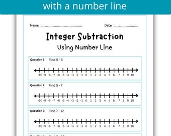 Integer Subtraction Worksheet Using Number Line | Negative Numbers Practice | Math Printable | 6th 7th Grade Integers Activity PDF