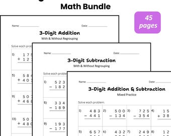 3 Digit Addition and Subtraction Worksheets Bundle | 2nd Grade Math Worksheet | Mixed Operations Practice | Regrouping - No Regrouping PDF