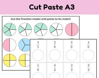 3rd Grade Fractions Cut and Paste Activity | Identifying & Naming Fractions | Printable Math Center | Fraction matching Printable Worksheets
