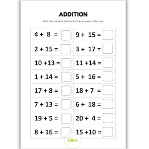 18 Printable Addition Fill in the Blanks Worksheets (Numbers 1-20) for Kindergarten-1st Grade-2nd Grade Math, Instant Download