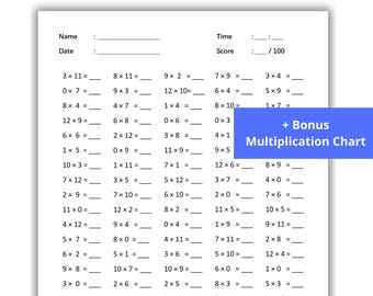12 hojas de multiplicación imprimibles, rellena los espacios en blanco - Multiplicación de un dígito (números del 1 al 12), respuestas incluidas, ejercicios de matemáticas en PDF