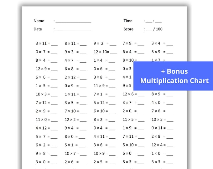 10 Printable Multiplication Worksheets, Fill in the Blanks - Single ...