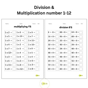 Puede incluir: Una hoja de trabajo imprimible en blanco y negro con dos columnas de problemas matemáticos. La columna de la izquierda se titula "multipliying 1'S" y la columna de la derecha se titula "division 8'S". La hoja de trabajo incluye problemas de multiplicación y división usando los números del 1 al 12.