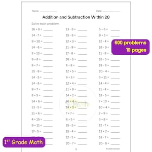 May include: A white worksheet titled Addition and Subtraction Within 20 with three columns of math problems to solve. The page includes blank lines for answers, a page number 1 at the bottom, and text stating 600 problems 10 pages.