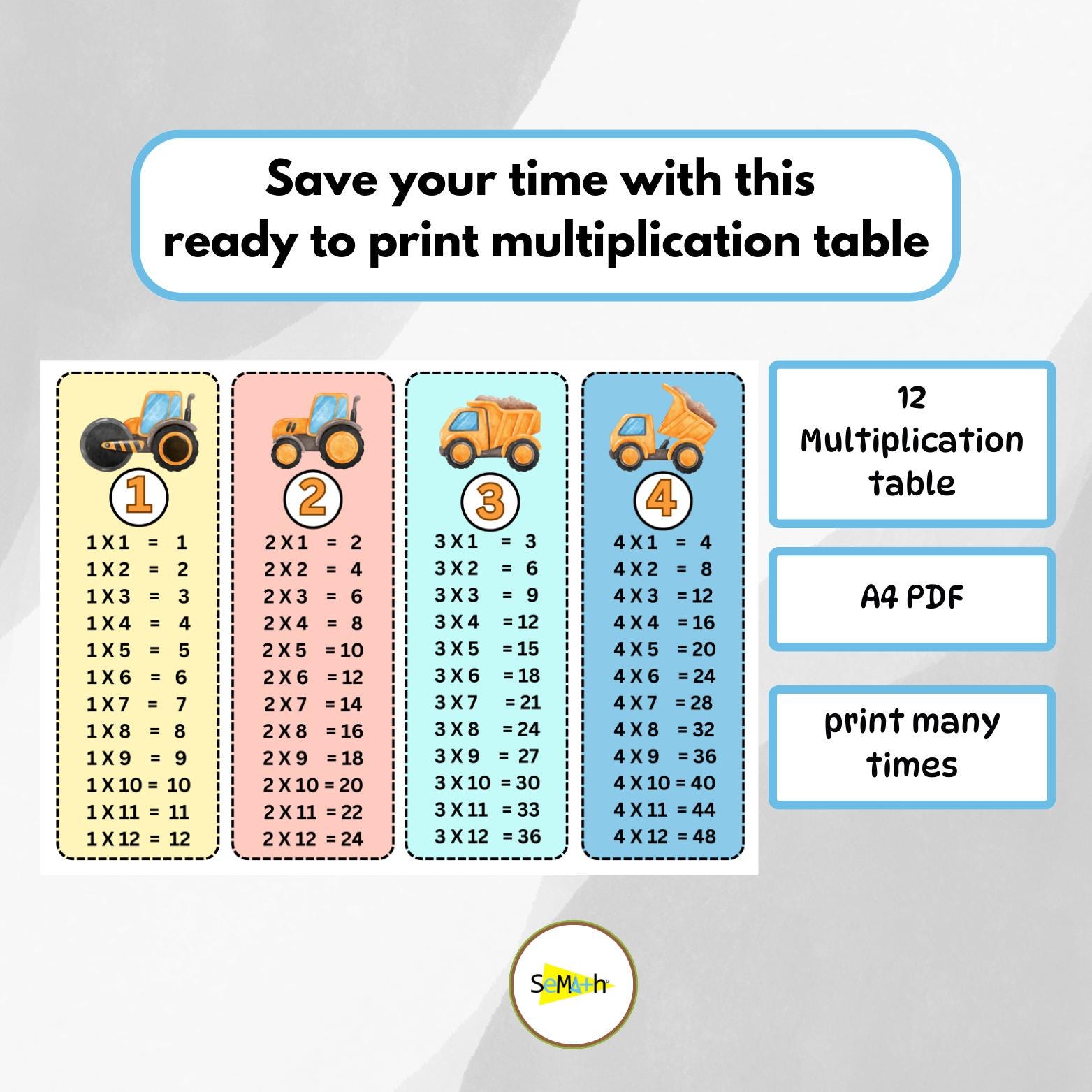 Construction Math Table Construction Vehicle Multiplication Table 1-12: Math Printable (digital ...