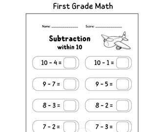 30 Printable Subtraction to 10 Fill in the Blanks Worksheets & Multiple Choice (Numbers 1–10) – Kindergarten, 1st Grade Math Practice PDF