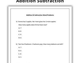 Math Word Problems, Printable Addition Subtraction Worksheets, Math Practice, Classroom Homeschool Activity