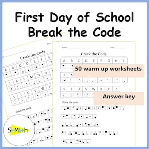 以下が含まれることがあります： 「Crack the Code」と「First Day of School Break the Code」というテキストが入った2枚の白いワークシート。1枚のワークシートにはコードキーがあり、もう1枚には解読する暗号化されたメッセージがあります。ワークシートには「50 warm up worksheets」と「Answer key」というテキストが含まれています。