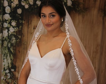 One-tier veil, high-quality leaf lace on the edge, elegant, boho, lace, Italian soft tulle, veil, bridal, vail