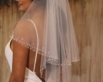 Veil, double tier or single tier, decorated with pearls on the edge, bridal, Italian soft tulle, veil, bridal, on comb