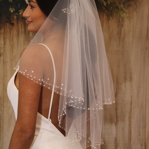 Veil, double tier or single tier, decorated with pearls on the edge, bridal, Italian soft tulle, veil, bridal, on comb