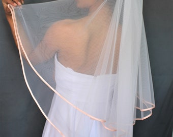 Double Tier Bridal Veil with Salmon Satin Edge Comb Wedding Bridal Veil Satin Wedding White Ivory Rose Gold Blush