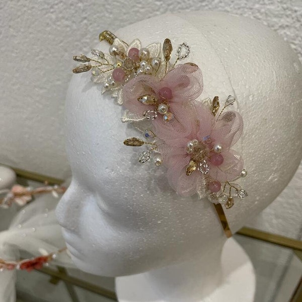 Bridal, headband gold, antique pink, bridal jewelry, golden rhinestones, hair piece, headdress, accessories, wedding, wedding, hair wire