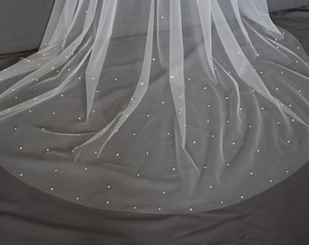 Pearl veil, cut, double or single tier, with densely set lower pearl edge, scattered pearl veil, Italian soft tulle, bridal, vail