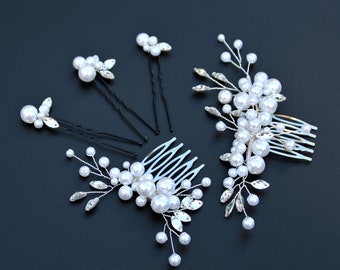 Accessori per capelli da sposa, pettine per capelli, forcine per capelli, gioielli da sposa, perle, strass, parrucchino, copricapo, accessori, matrimonio, matrimonio, argento, bianco