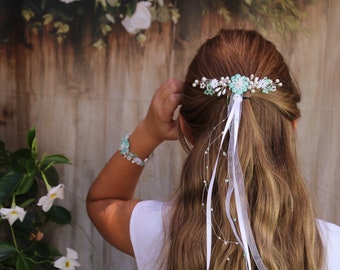 Kommunion, Haarschmuck, Mädchen, Haarkamm, Blumenmädchen, Haarreif, Blüten, Reifen, Braut Mädchen, Konfirmation, Haarkranz, Strass, gesteckt