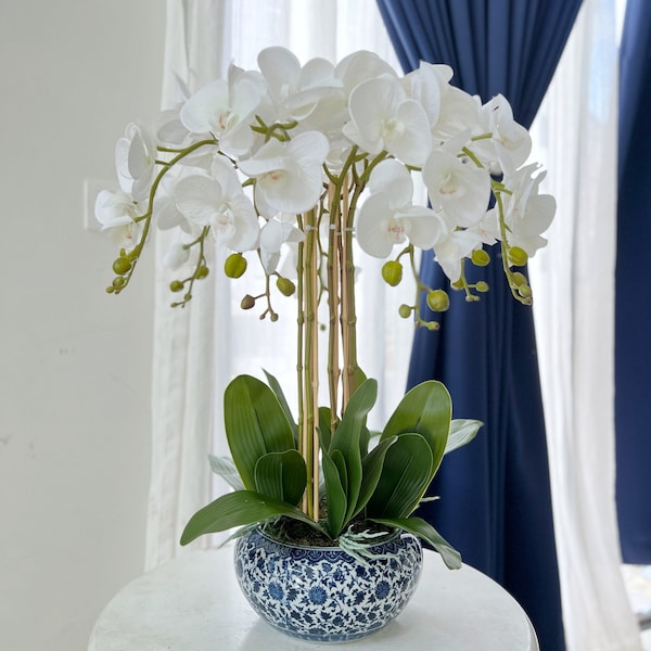 Exclusivo Arreglo de Orquídeas Artificiales Chinoiserie Azul y Blanca