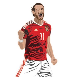 以下が含まれることがあります： 赤いジャージと白いショーツを着たサッカー選手、背番号11、ウェールズの国旗のイラスト。選手は握りこぶしと口を開けて祝っています。アディダスのロゴが見えます。画像には「HD 2020」とサインされています。