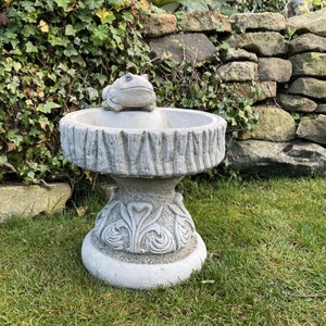 May include: A grey concrete bird bath with a frog on top. The bird bath has a decorative base with a leaf design.