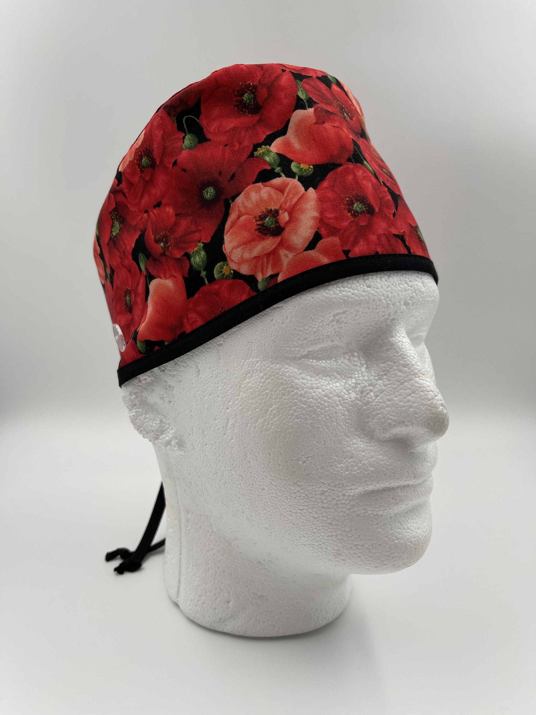 Scrub Cap Nurse Teachers Essential Workers Hat Red Poppies Print Ear