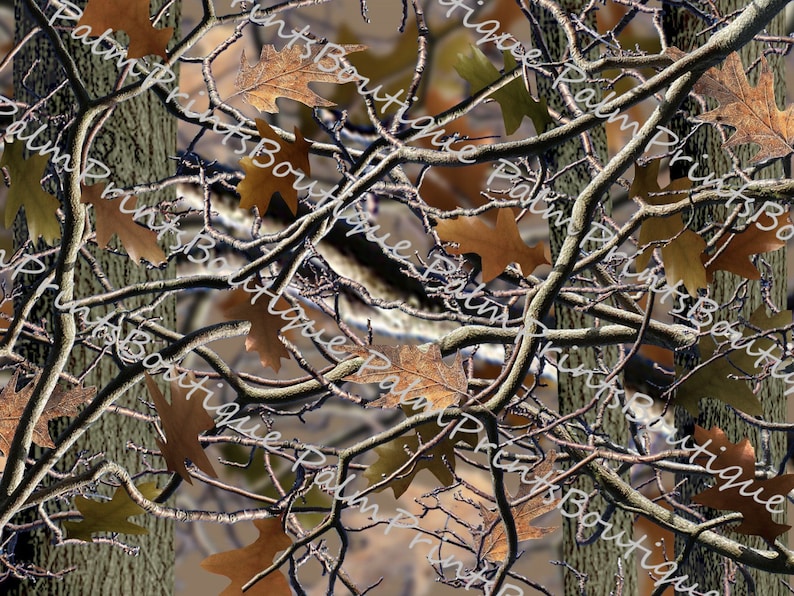 May include: A seamless pattern featuring a camouflage design with brown, grey, and white colours. The pattern includes branches, leaves, and a repeating text pattern that says "Palm Prints Boutique".