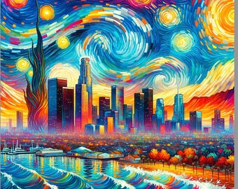 May include: A vibrant, abstract painting of a cityscape with a swirling, starry sky in the style of Vincent van Gogh. The city skyline is depicted in a stylized manner, with tall buildings and a bright, colourful sky. The painting is a unique and eye-catching piece of art.