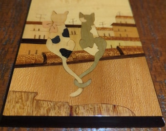 Vintage Wood Inlay Picture Miss Bellevue Meta Di Sorrento Made in Italy 2 Cats Wood Plaque