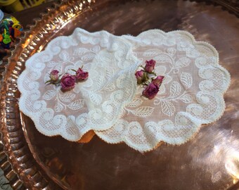 Vintage Pair Of Lace Doilys (Medium Size) Flower Design