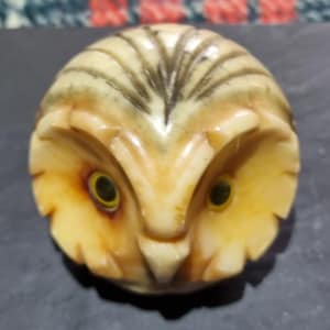 Vintage Italian Alabaster Round Owl Head Paperweight Sculpture Hand Carved