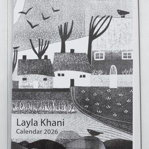A4 2026 Linocut Print Wall Calendar: Black & White Collage Art