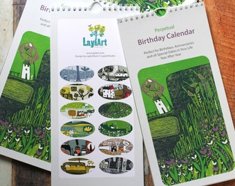 Wildflower Perpetual Birthday Calendar: Slim Linocut Wall Art