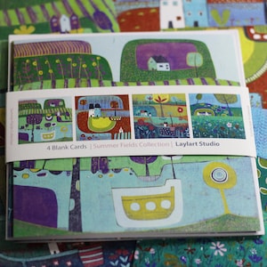 Summer Art Greeting Card Set – 4 Handmade Blank Linocut Cards with Colourful Landscapes – Square Cards for Any Occasion or Framing