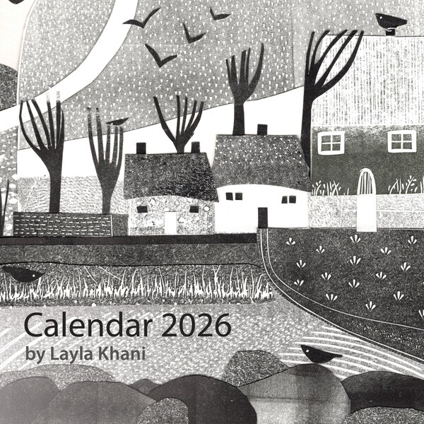 Grand calendrier mural 2026 pour collage linogravure : oeuvres d'art de la nature en noir et blanc - 30 x 30 cm