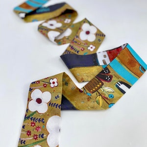 Floral Skinny Scarf: Blue & Gold Wearable Art Neck Tie