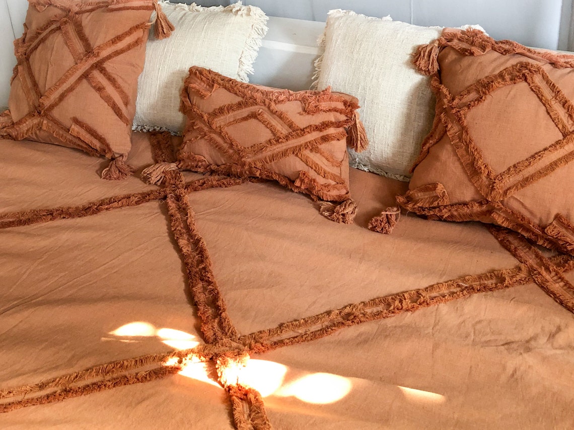 Terracotta Cotton Throw Pillow Pillow With Pompom Decorative Etsy