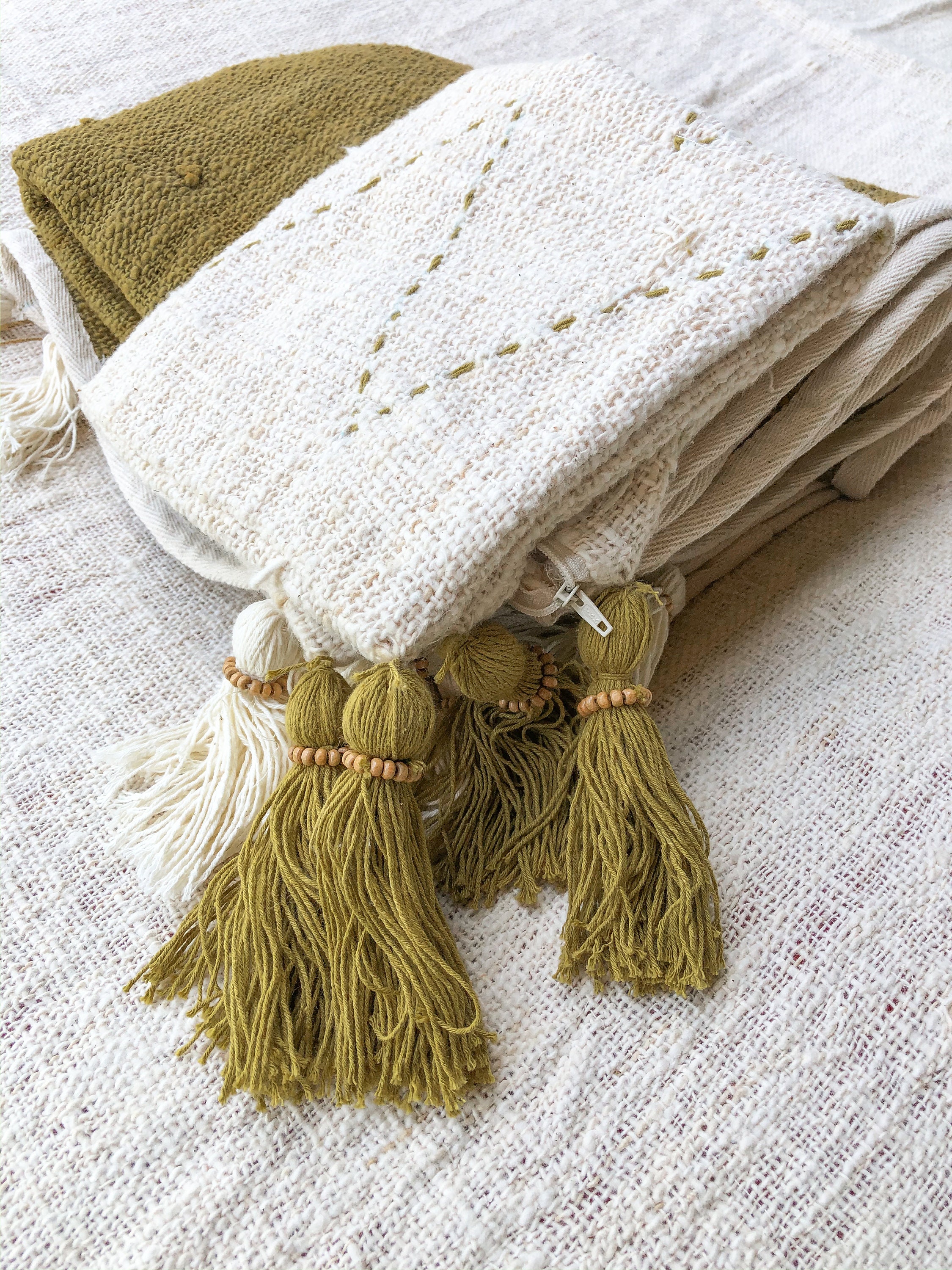 Natural Cotton With Golden Tassel Pillow Pillow With Pompom Etsy