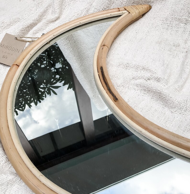 Rattan Moon Mirror Large Crescent Moon Phase Mirror Bohemian Etsy