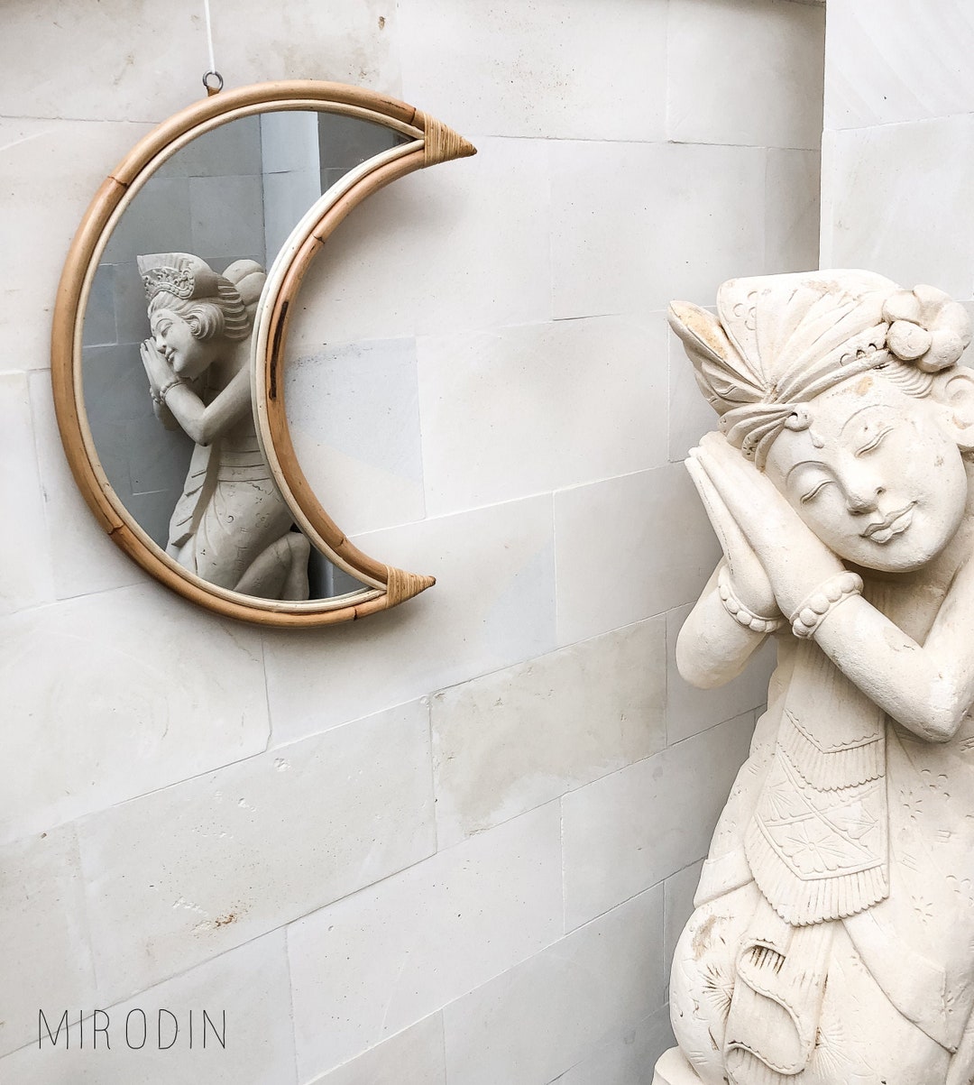 Rattan Moon Mirror Large Crescent Moon Phase Mirror Bohemian Etsy