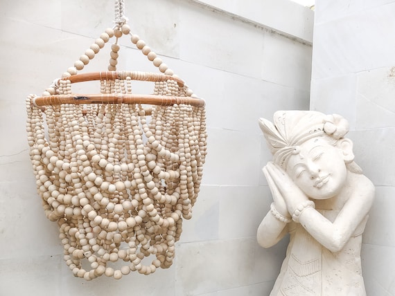 Beige Wood Beaded Lampshade Bohemian Chandelier Boho Pendant