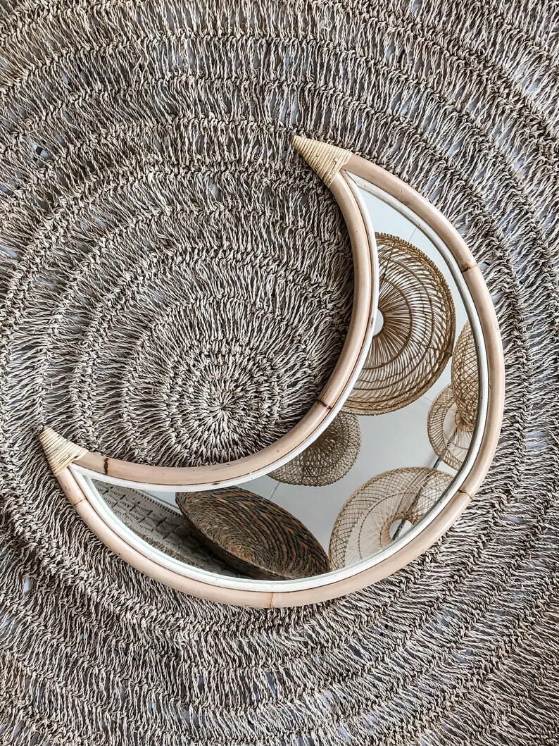 Rattan Moon Mirror Large Crescent Moon Phase Mirror Bohemian Etsy