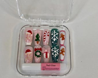 Hand Painted 3D Christmas Themed Acrylic Nails